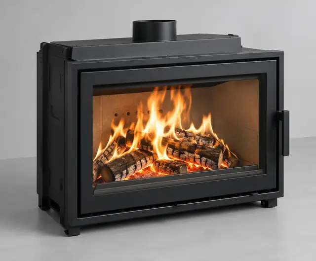 Insert à bois allumé derrière sa vitre