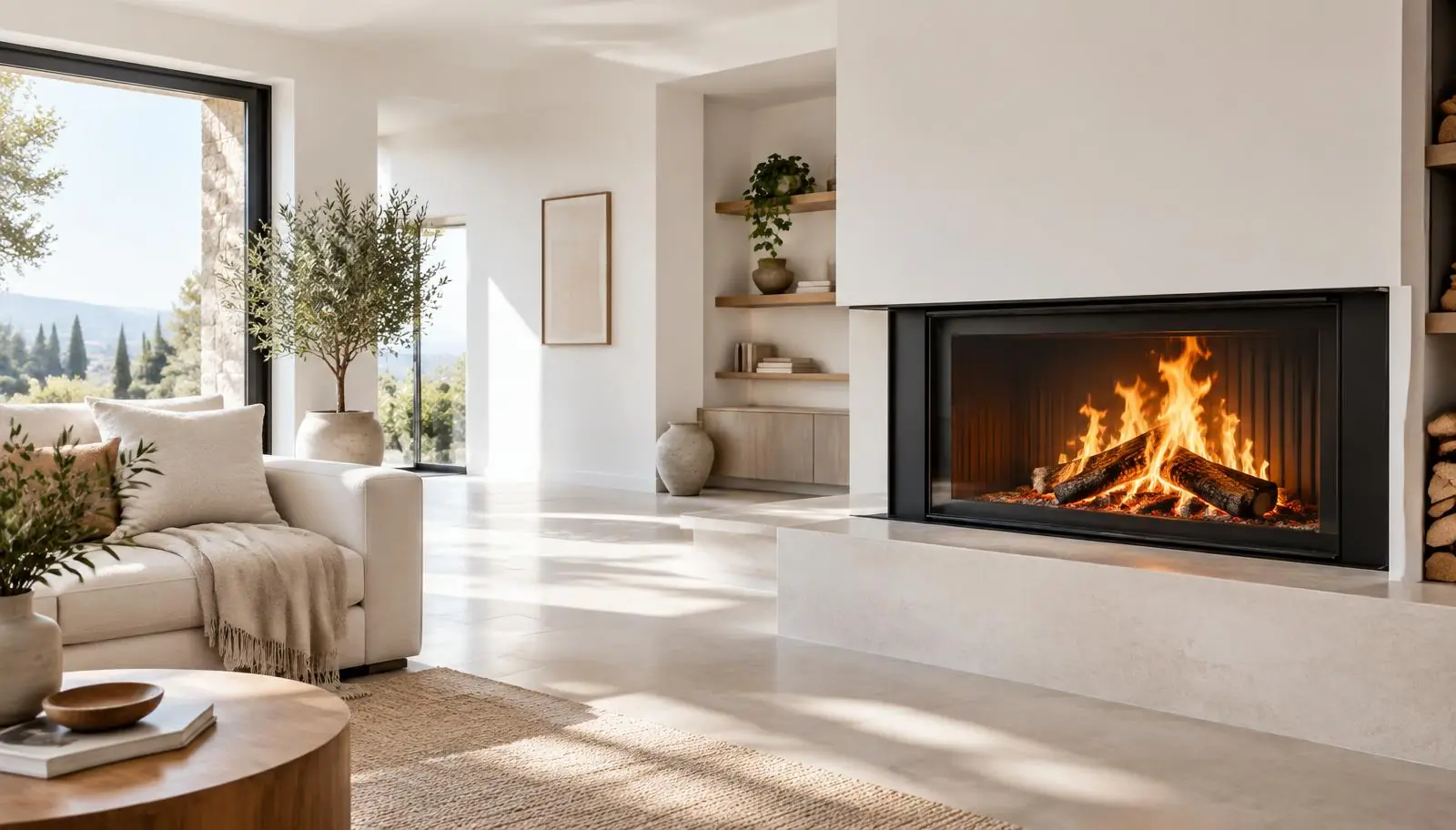 Insert à bois allumé dans un salon lumineux
